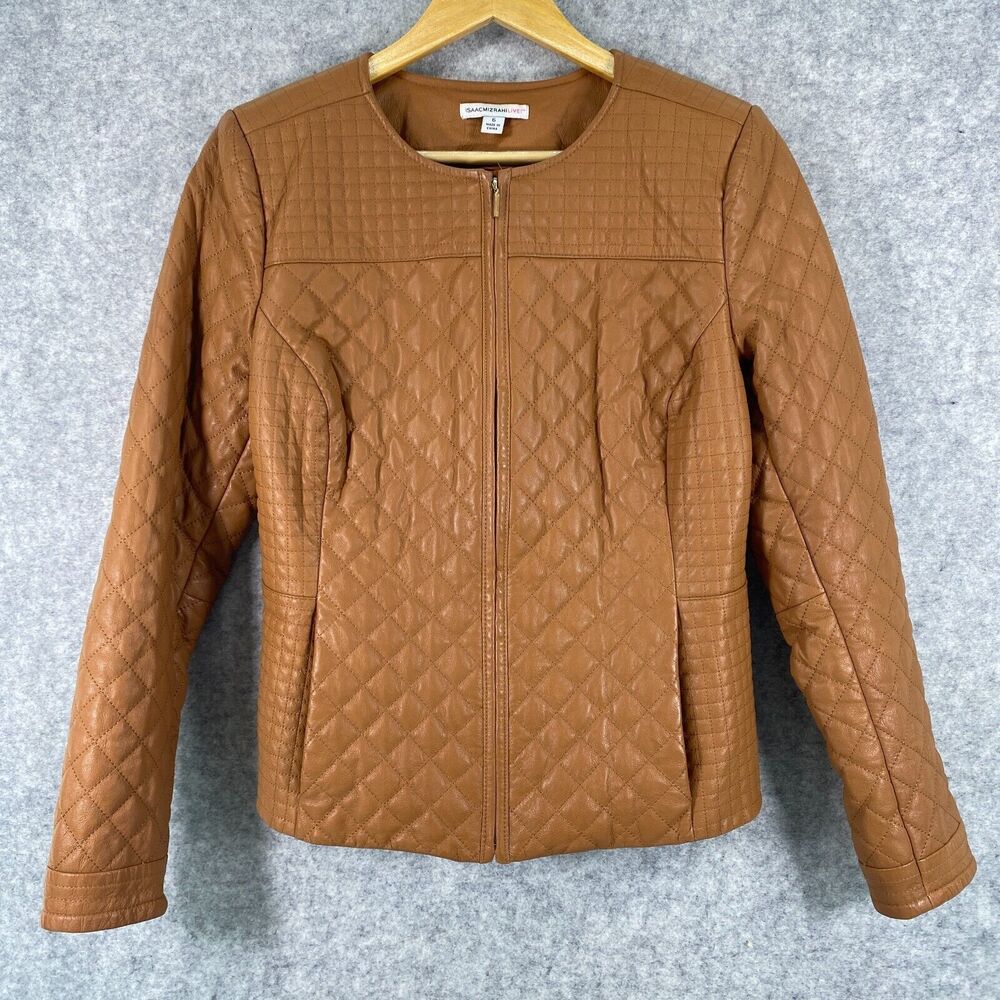 Isaac Mizrahi Live Camel Brown Quilted Leather Zip Front Jacket Womens Size 6